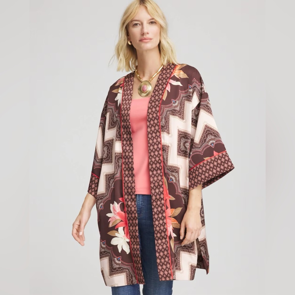 NWT Chico’s Mixed Print Boho Chic Kimono in Cacao Size S/M Western Boho
